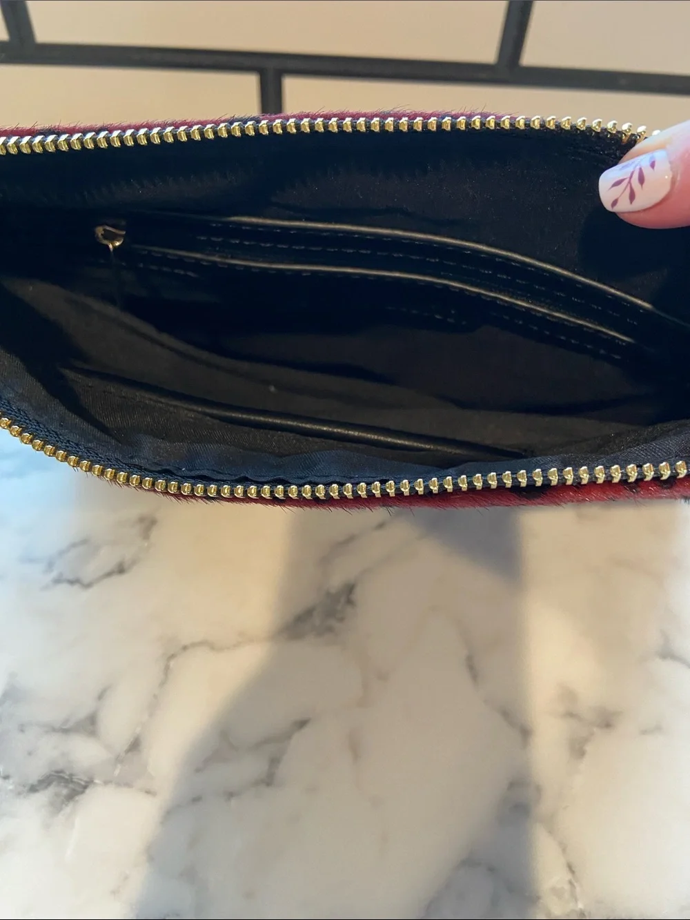 Sole Society Burgundy Leopard Print Zip Clutch with Gold Hardware